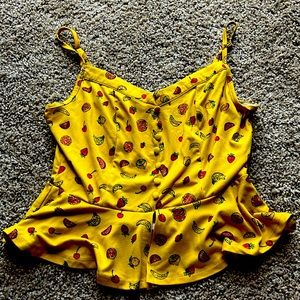yellow tank top with fruit designs, brand is iris, and size small
